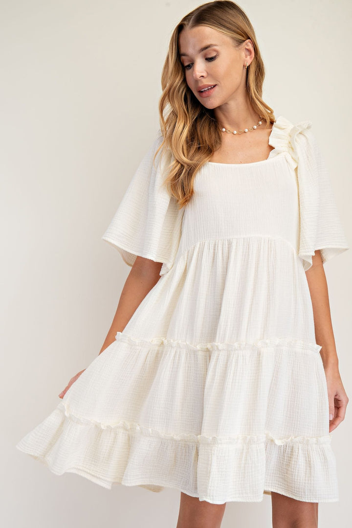 Easel Mineral Washed Cotton Gauze Ruffled Shoulder Dress