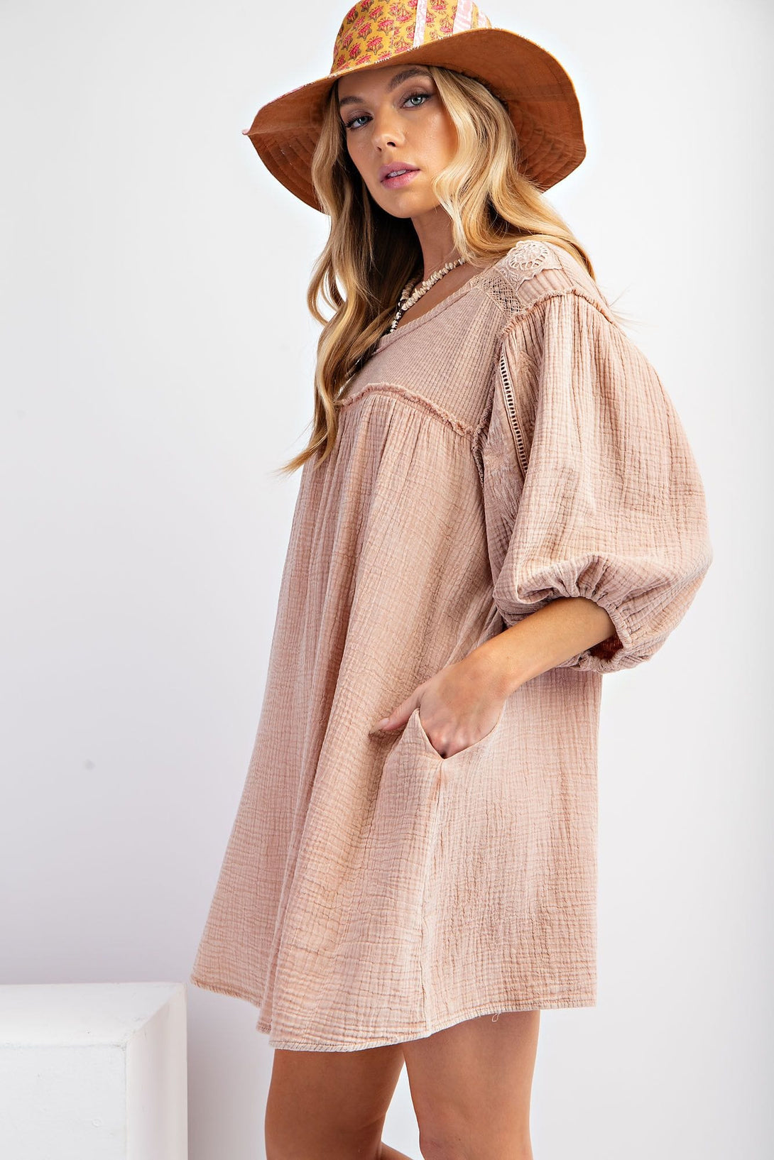 Easel Mineral Washed Cotton Gauze Tunic Dress