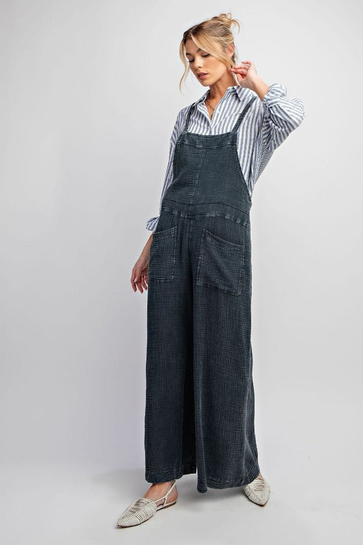 Easel Mineral Washed Cotton Gauze Wide Leg Jumpsuit