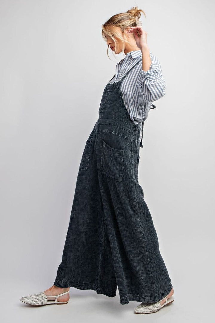 Easel Mineral Washed Cotton Gauze Wide Leg Jumpsuit