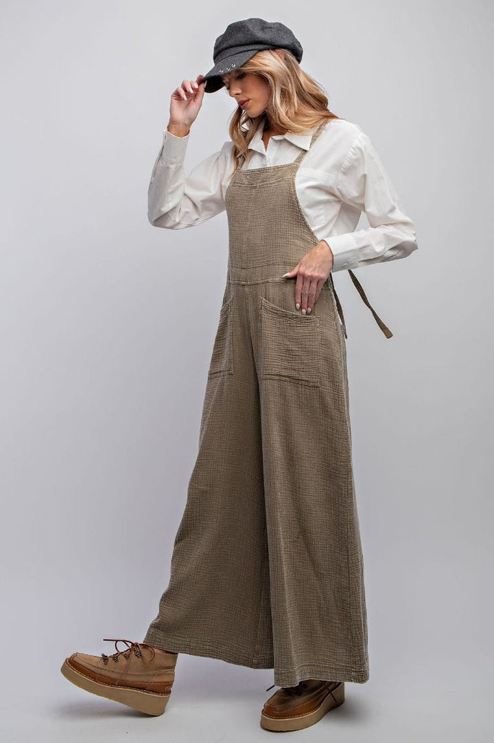 Easel Mineral Washed Cotton Gauze Wide Leg Jumpsuit