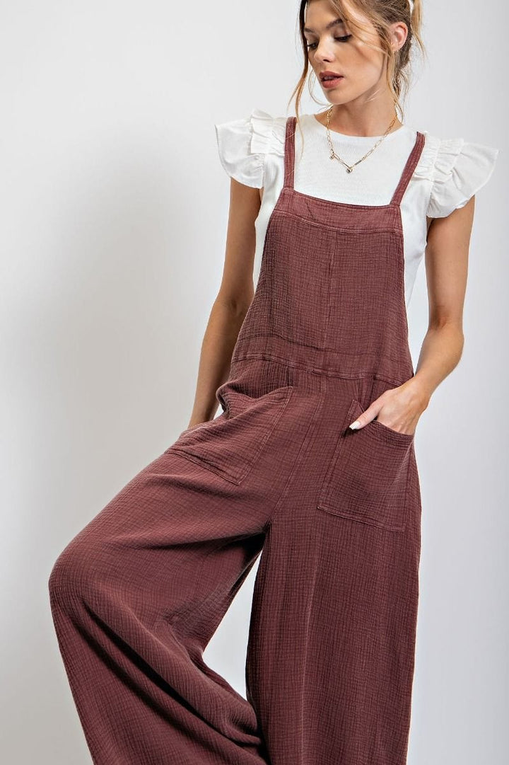 Easel Mineral Washed Cotton Gauze Wide Leg Jumpsuit Romper