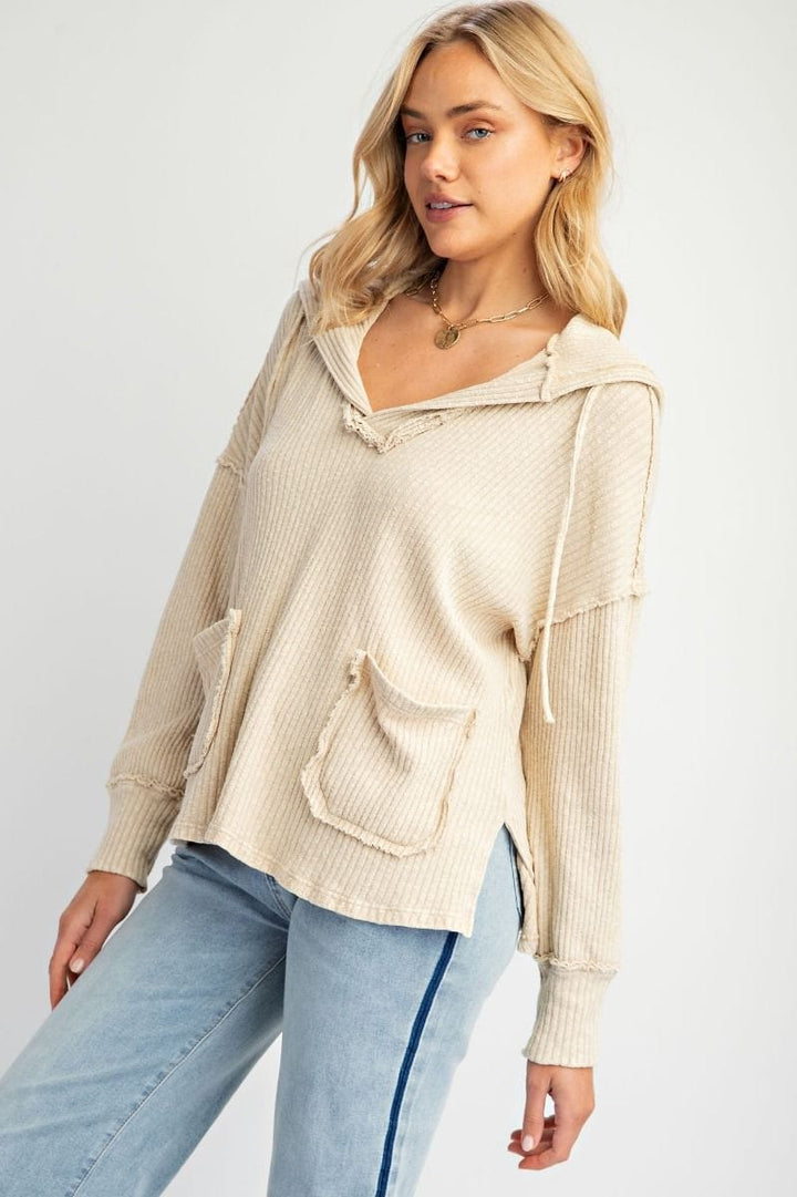 Easel Mineral Washed Defined Raw Seam Novelty Rib Knit Hoodie Pullover