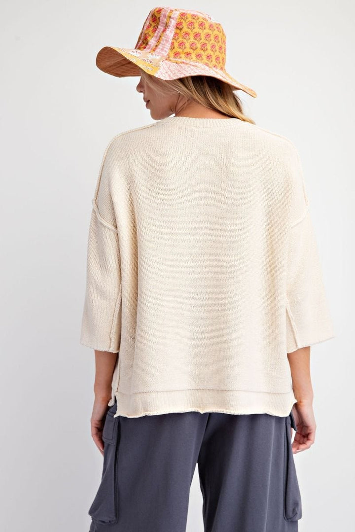 Easel Mineral Washed Half Sleeve Round Neck Knit Sweater Top