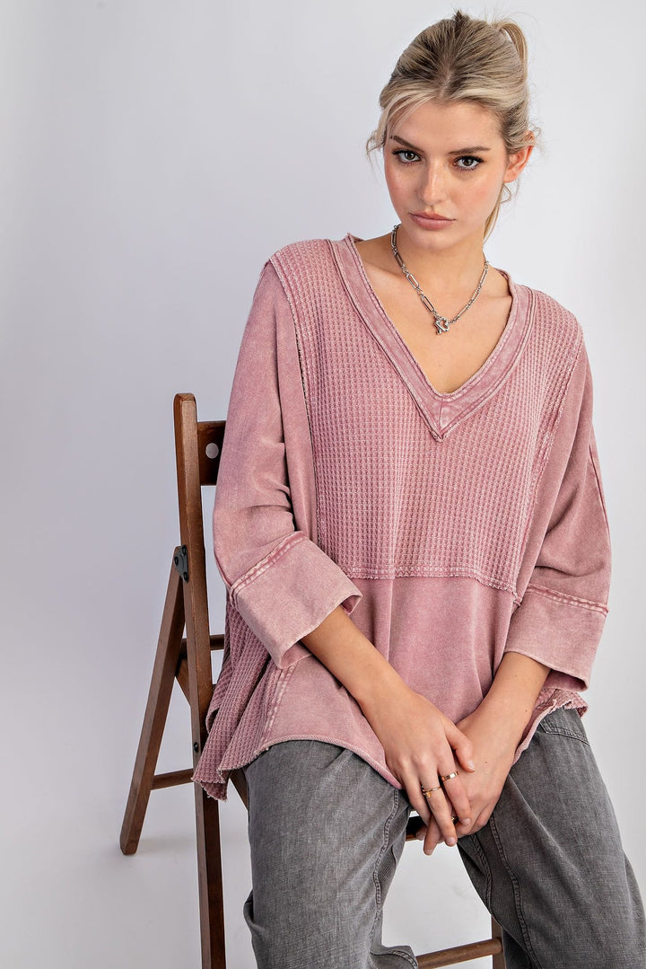 Easel Mineral Washed Thermal V-Neck Knit Top