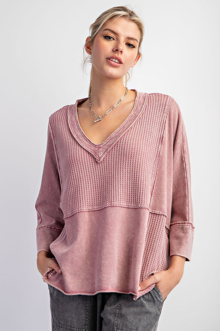 Easel Mineral Washed Thermal V-Neck Knit Top