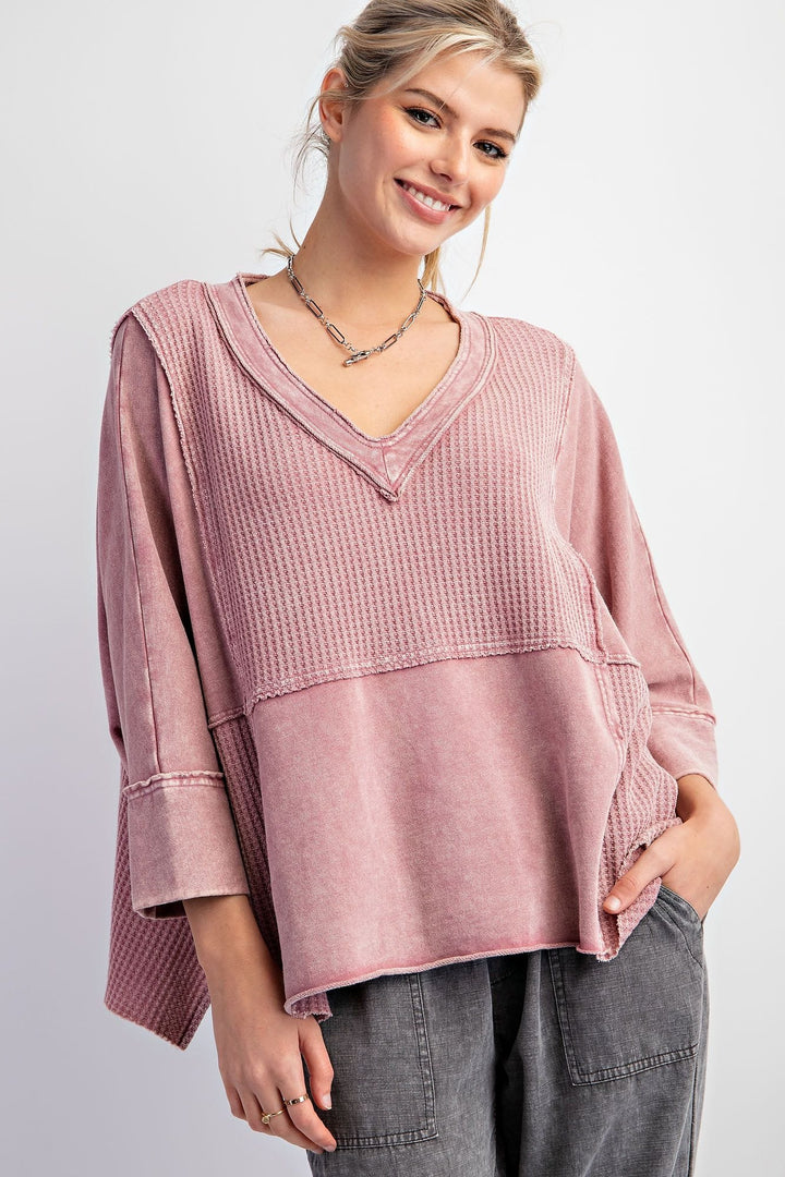 Easel Mineral Washed Thermal V-Neck Knit Top