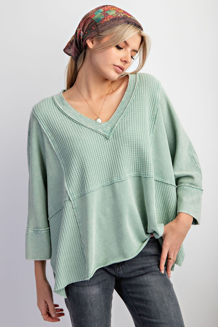 Easel Mineral Washed Thermal V-Neck Knit Top