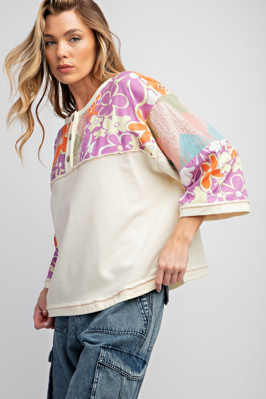 Easel Mix Print Terry Knit Henley Top
