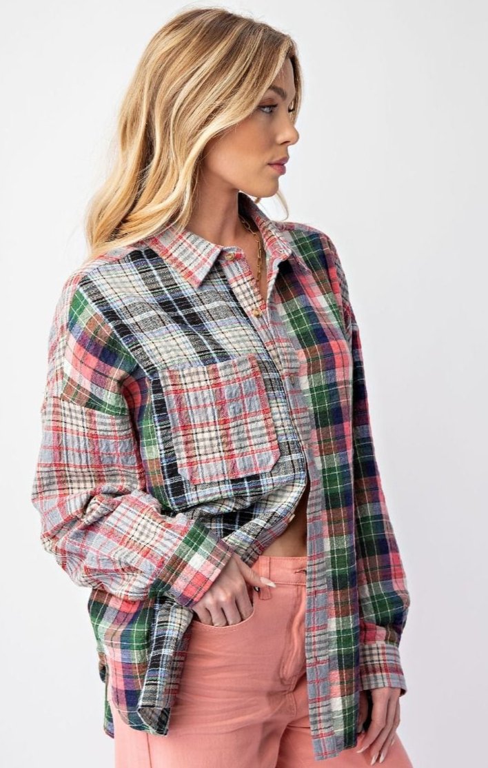 Easel Mixed Plaid Button Down Top with Front Chest Pocket