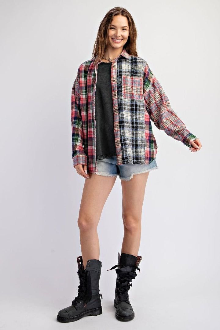 Easel Mixed Plaid Button Down Top with Front Chest Pocket