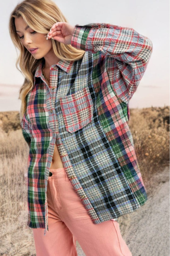 Easel Mixed Plaid Button Down Top with Front Chest Pocket