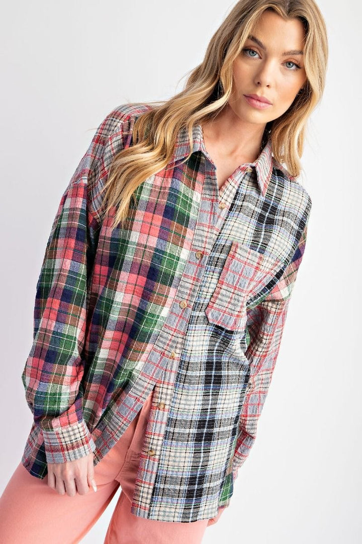 Easel Mixed Plaid Button Down Top with Front Chest Pocket