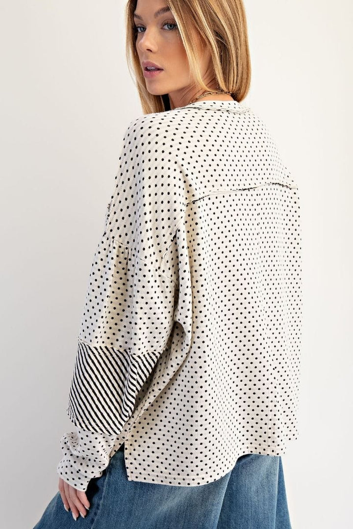 Easel Mixed Polka Dot and Stripe Henley Pullover