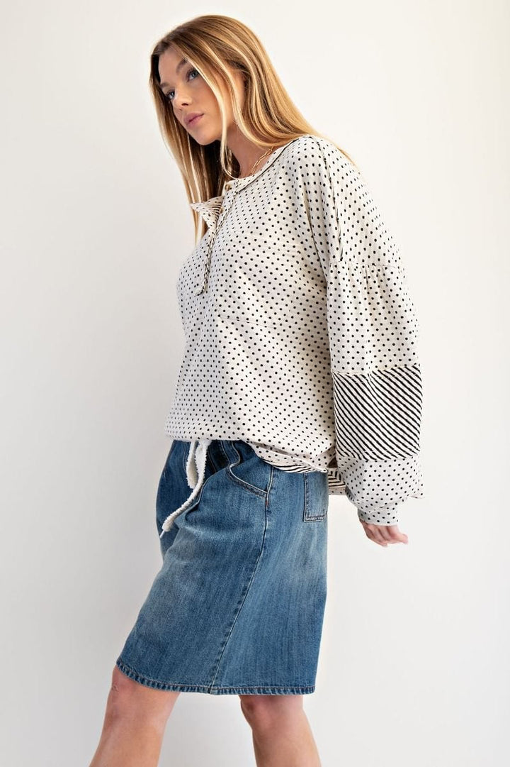 Easel Mixed Polka Dot and Stripe Henley Pullover