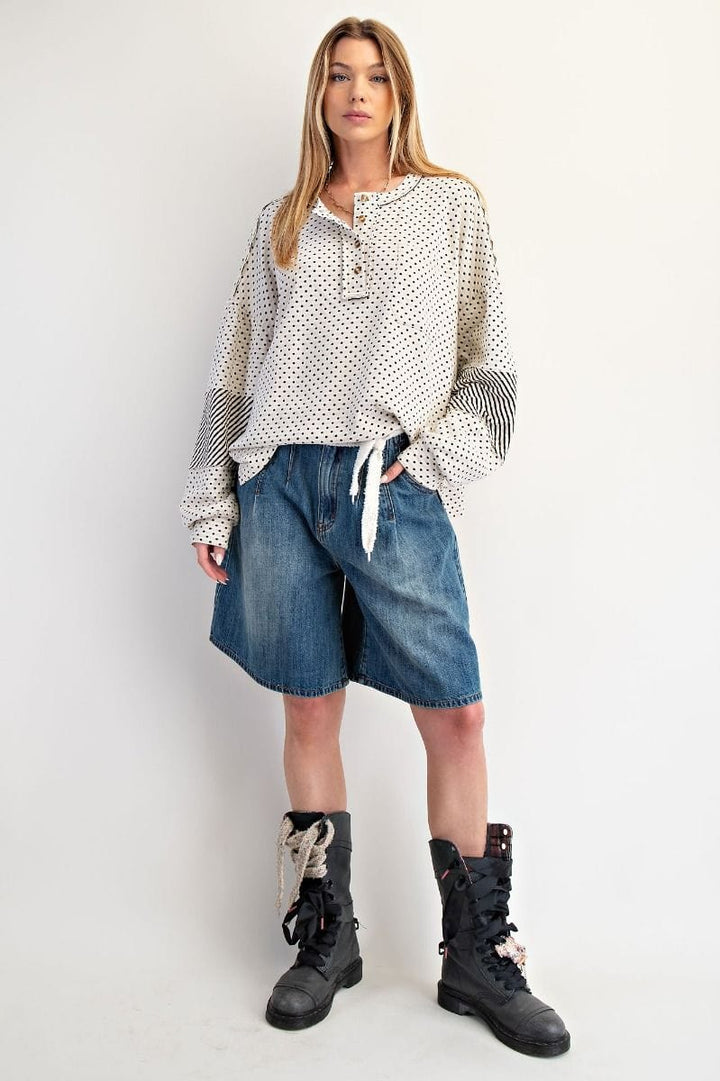 Easel Mixed Polka Dot and Stripe Henley Pullover