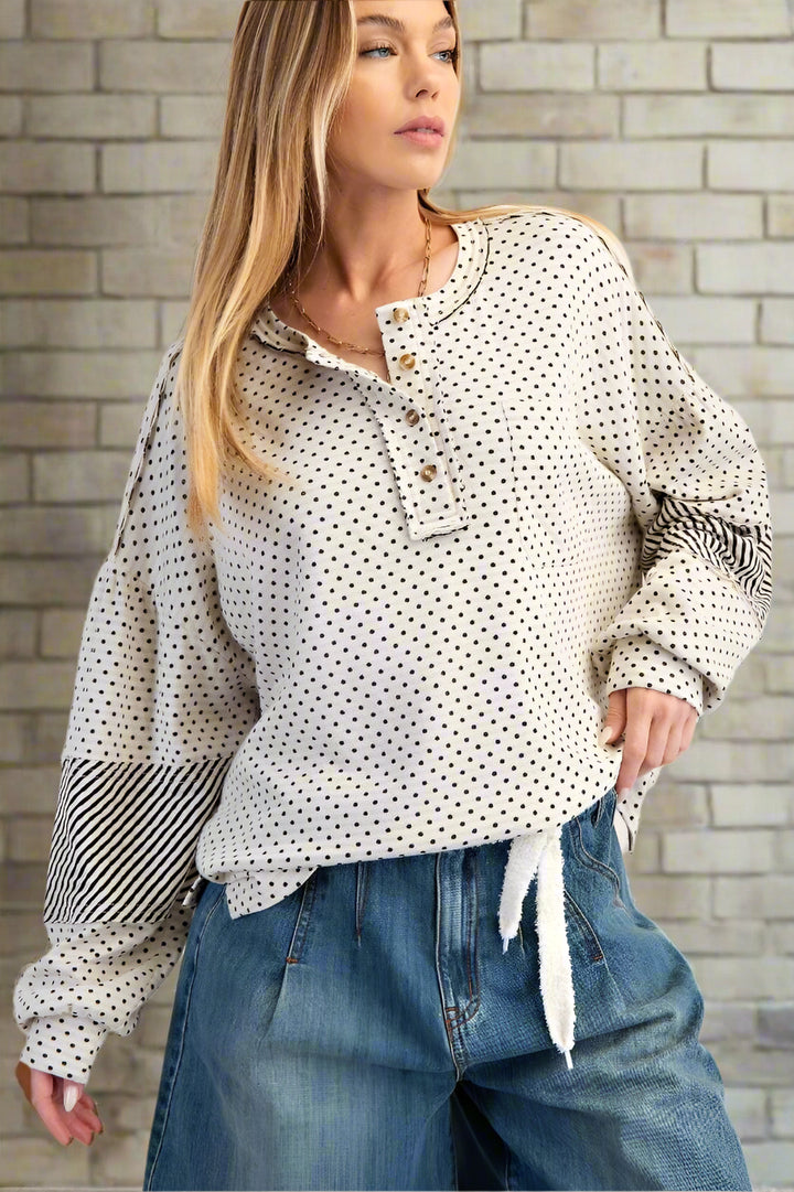 Easel Mixed Polka Dot and Stripe Henley Pullover