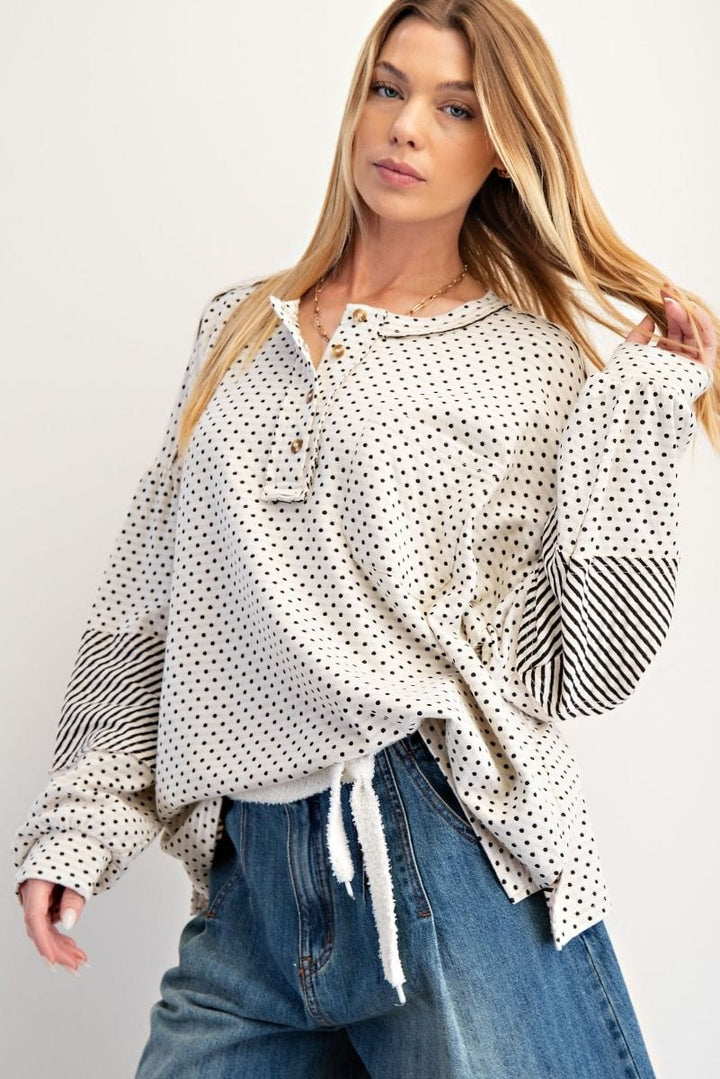 Easel Mixed Polka Dot and Stripe Henley Pullover