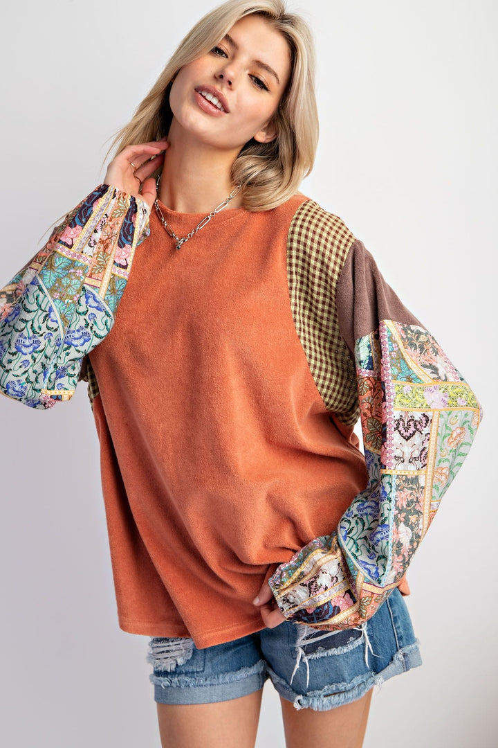 Easel Mixed Print Long Sleeve Knit Top