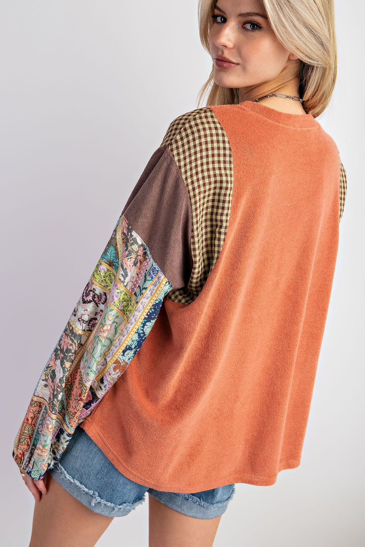 Easel Mixed Print Long Sleeve Knit Top