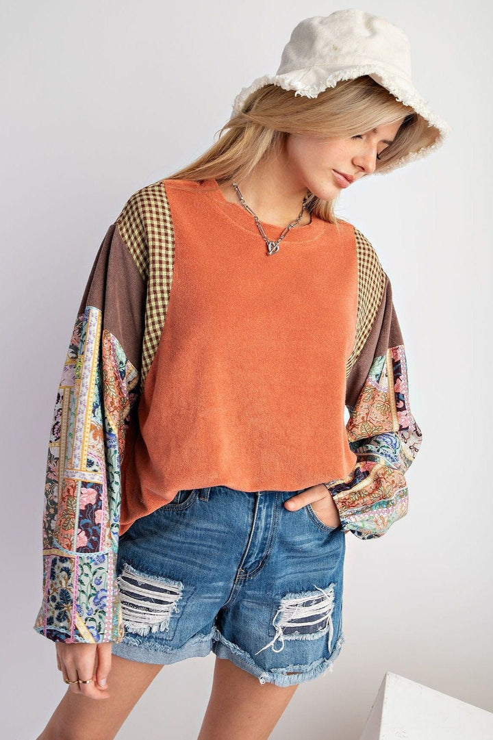 Easel Mixed Print Long Sleeve Knit Top