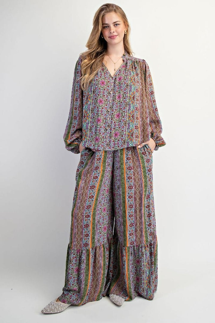 Easel Multicolor Vertical Stripe Accented Floral Print Button Down V-Neck Blouse