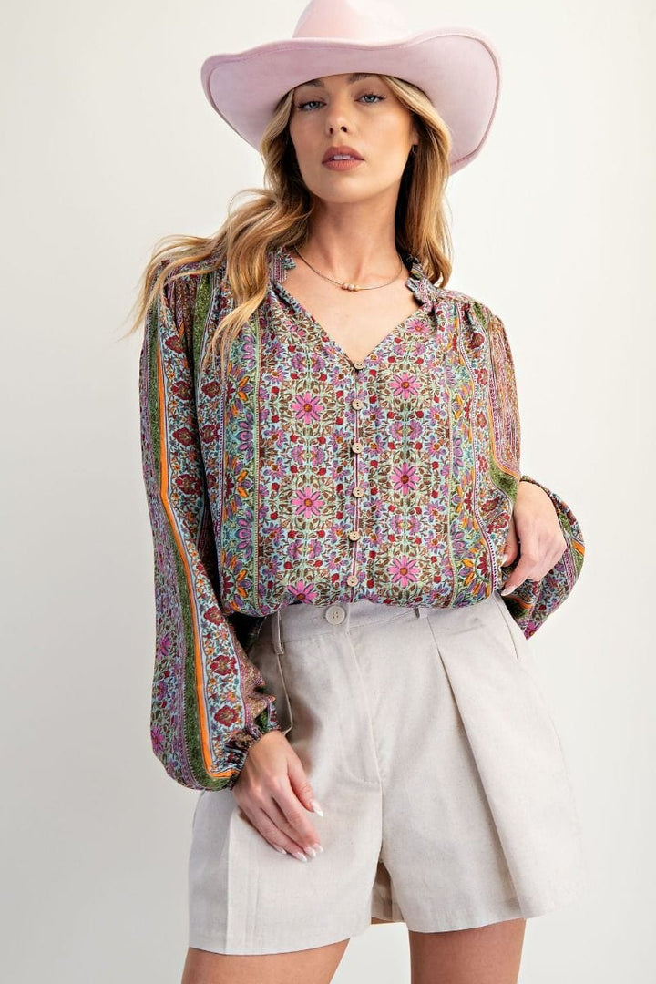 Easel Multicolor Vertical Stripe Accented Floral Print Button Down V-Neck Blouse