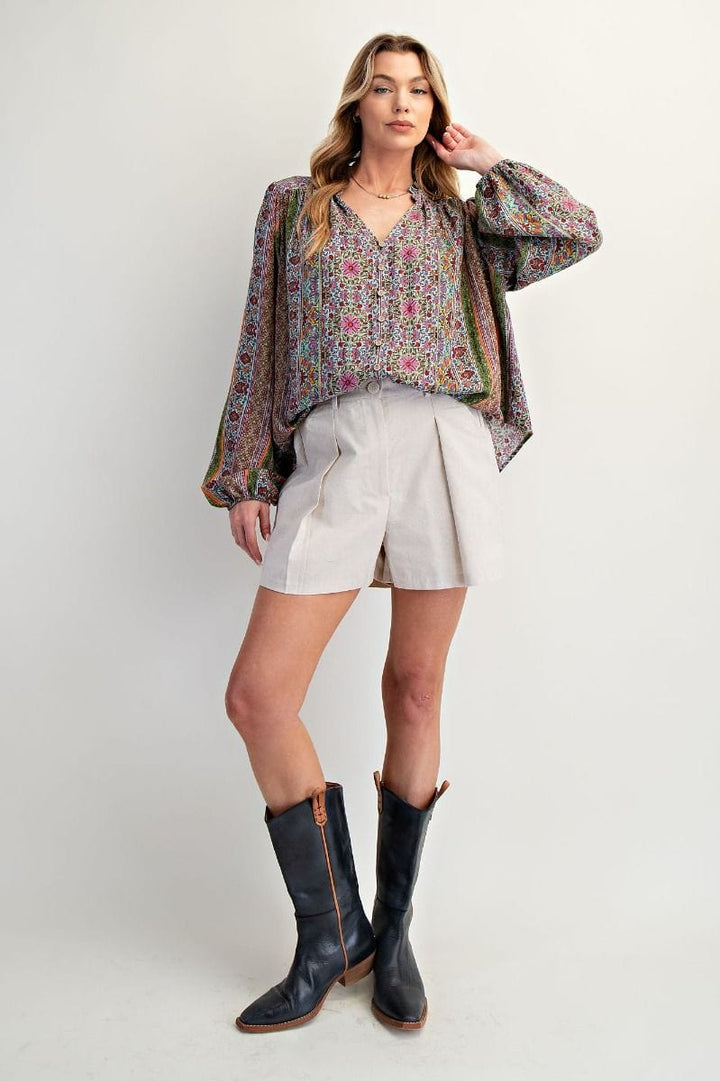 Easel Multicolor Vertical Stripe Accented Floral Print Button Down V-Neck Blouse