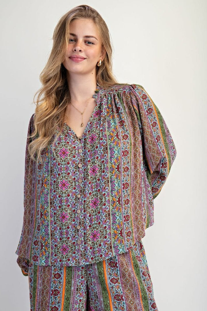Easel Multicolor Vertical Stripe Accented Floral Print Button Down V-Neck Blouse