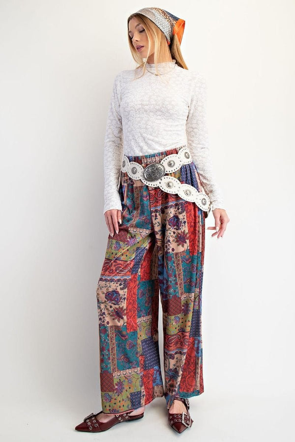 Easel Patchwork Paisley Print Wide Leg Relaxed Fit Velvet Pants