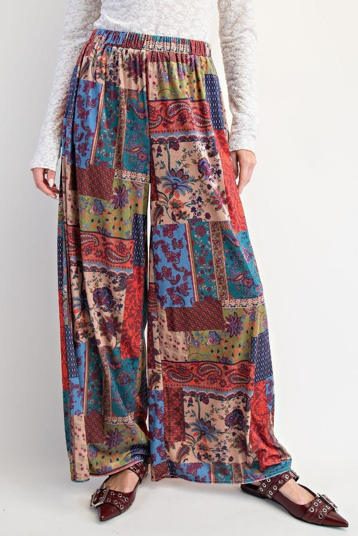 Easel Patchwork Paisley Print Wide Leg Relaxed Fit Velvet Pants