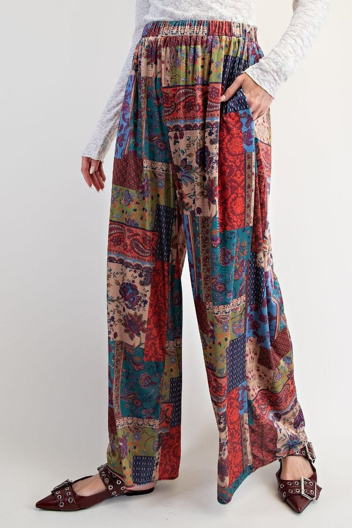 Easel Patchwork Paisley Print Wide Leg Relaxed Fit Velvet Pants