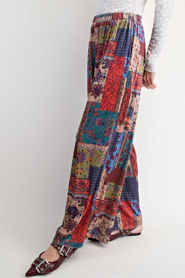 Easel Patchwork Paisley Print Wide Leg Relaxed Fit Velvet Pants
