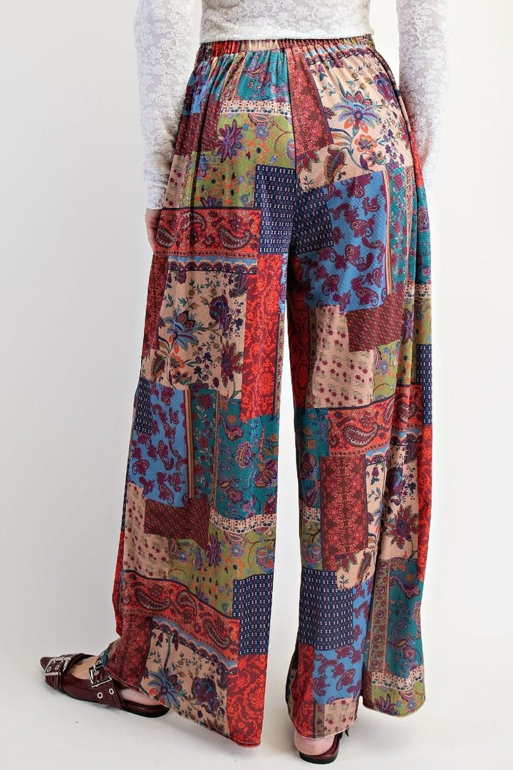 Easel Patchwork Paisley Print Wide Leg Relaxed Fit Velvet Pants