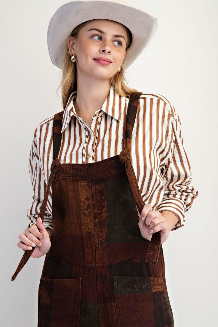 Easel Patchwork Printed Tie Strap Cotton Gauze Jumpsuit