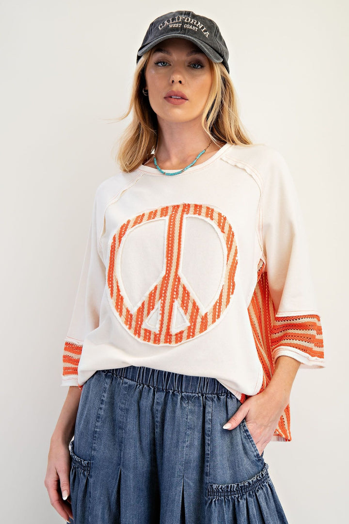 Easel Peace Patch Soft Washed Terry Knit Pullover Top