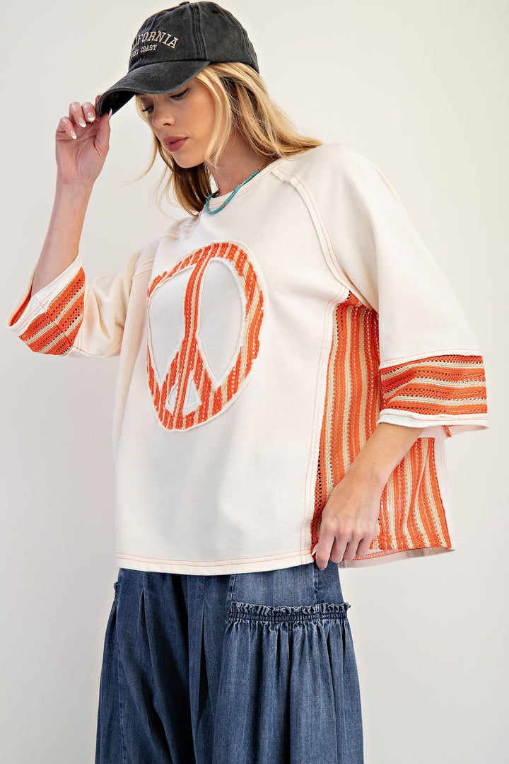 Easel Peace Patch Soft Washed Terry Knit Pullover Top