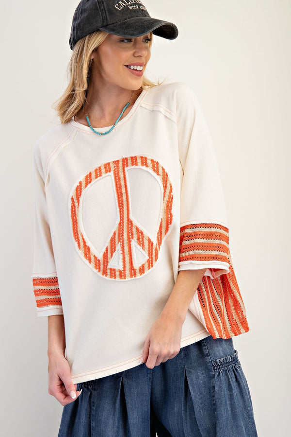 Easel Peace Patch Soft Washed Terry Knit Pullover Top