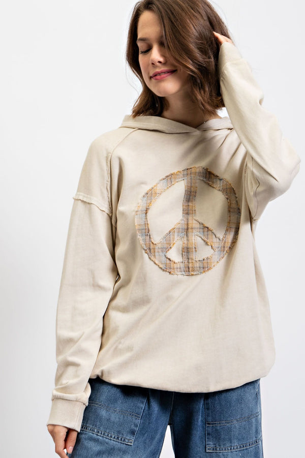 EASEL Peace Sign Center Patch Knit Pullover Hoodie