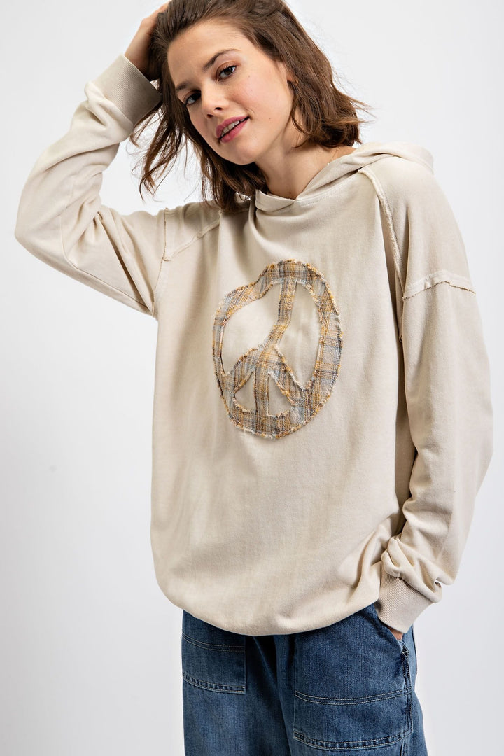 EASEL Peace Sign Center Patch Knit Pullover Hoodie