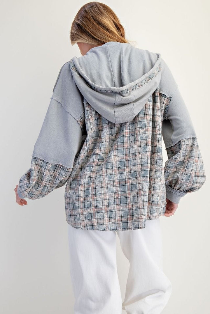 Easel Plaid Accent Button Down Neckline Washed Self Tie Henley Hoodie Pullover
