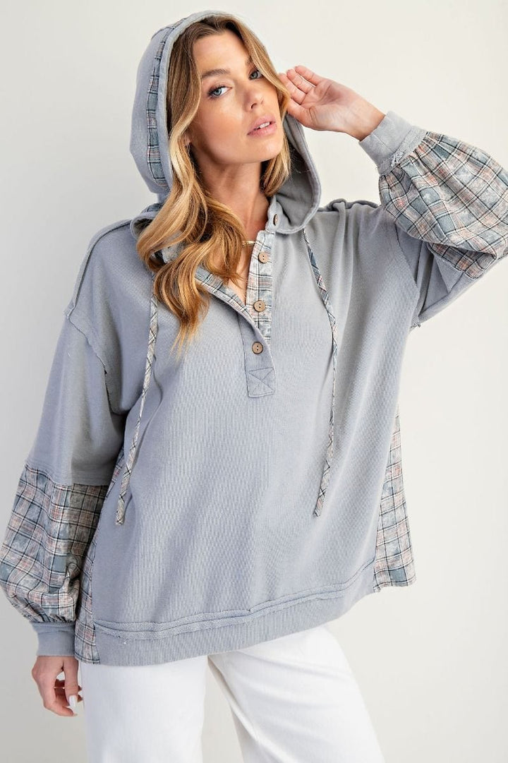 Easel Plaid Accent Button Down Neckline Washed Self Tie Henley Hoodie Pullover