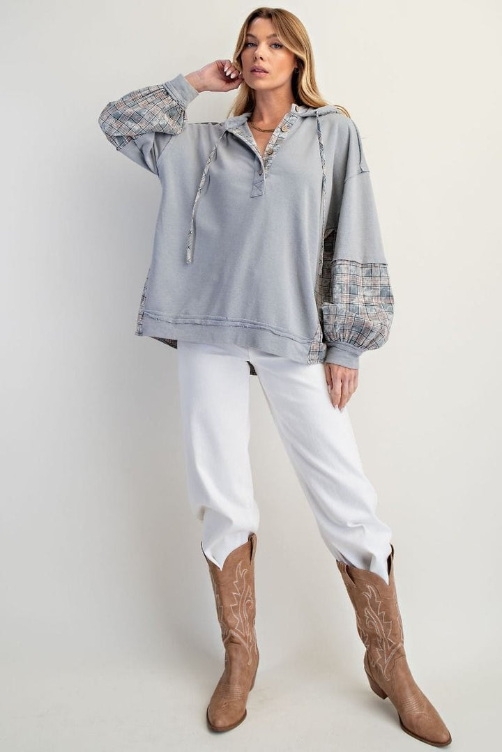 Easel Plaid Accent Button Down Neckline Washed Self Tie Henley Hoodie Pullover