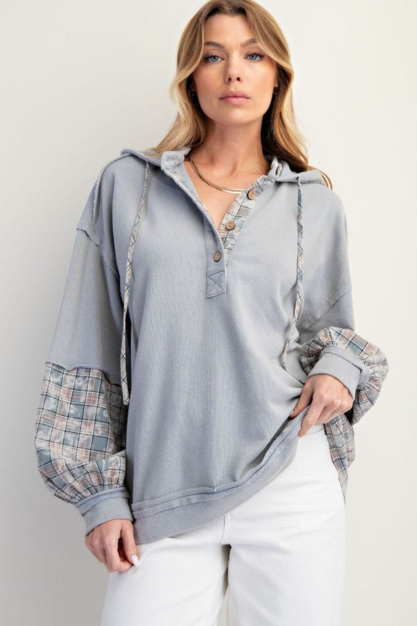 Easel Plaid Accent Button Down Neckline Washed Self Tie Henley Hoodie Pullover