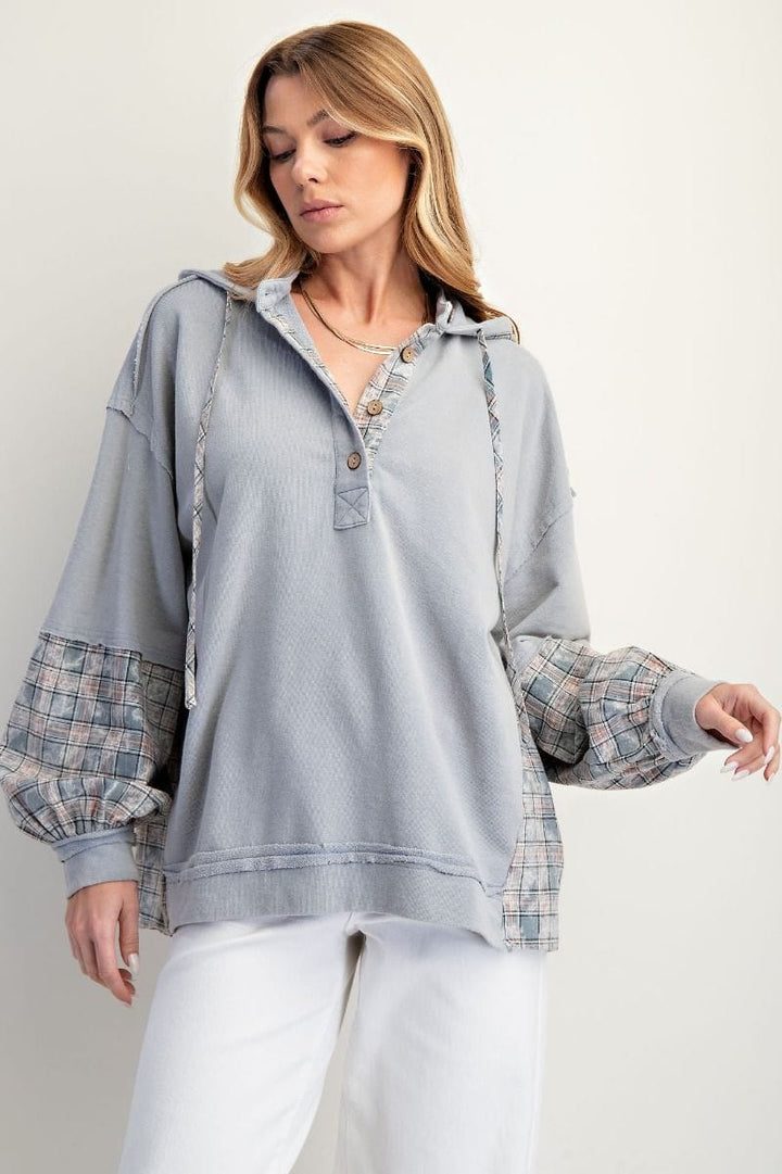Easel Plaid Accent Button Down Neckline Washed Self Tie Henley Hoodie Pullover