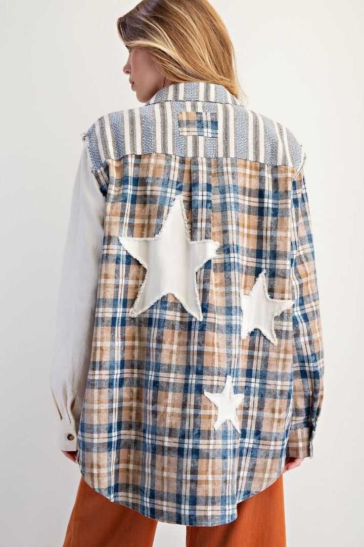 Easel Plaid and Striped Pattern Button Down Shacket