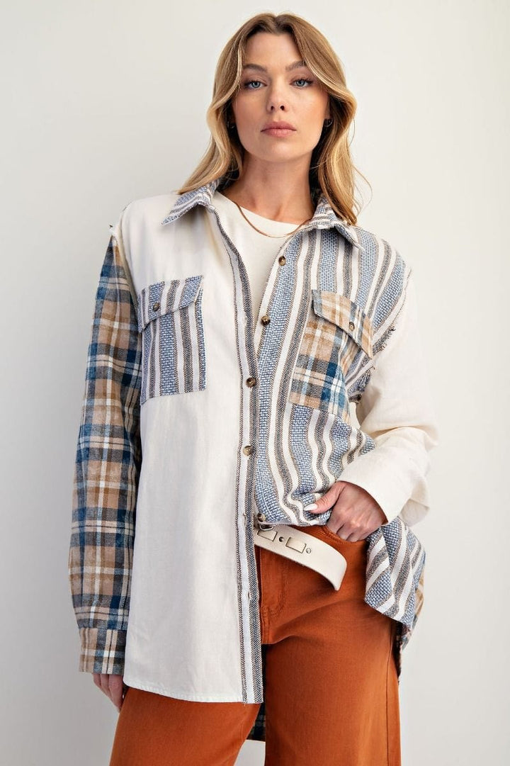 Easel Plaid and Striped Pattern Button Down Shacket
