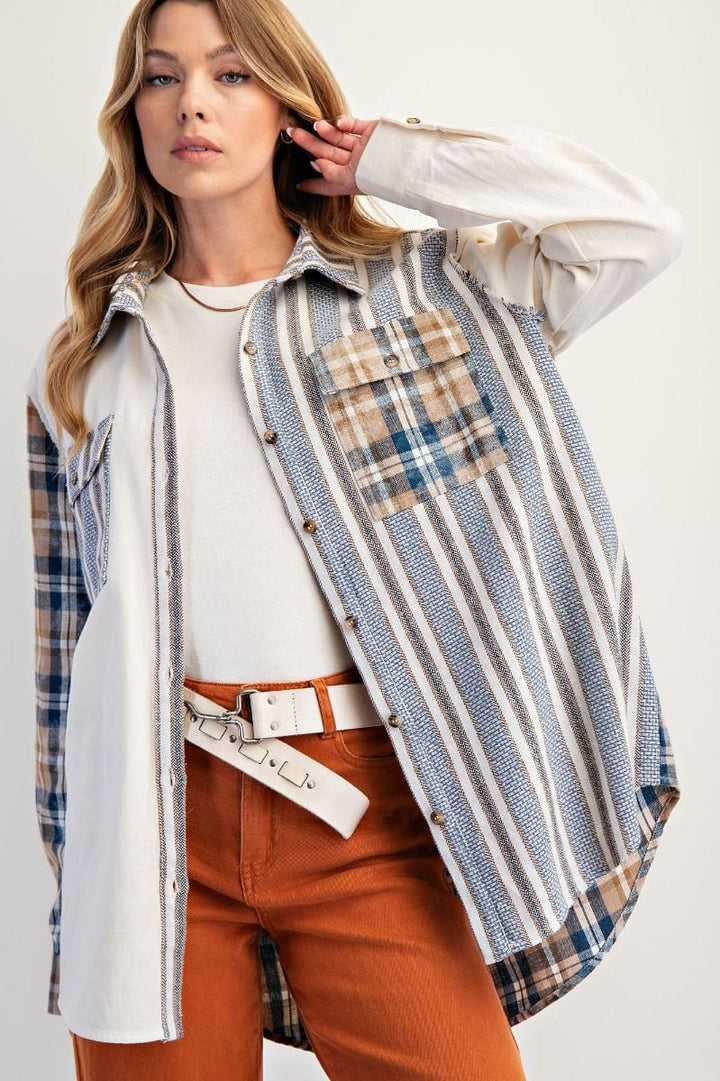 Easel Plaid and Striped Pattern Button Down Shacket