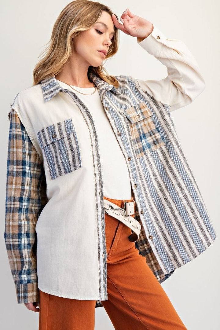 Easel Plaid and Striped Pattern Button Down Shacket