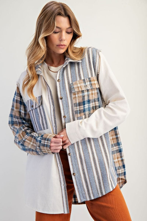 Easel Plaid and Striped Pattern Button Down Shacket